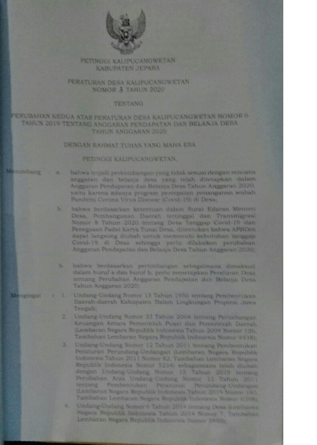 PERDES NO 3 TAHUN 2020 TENTANG PERUBAHAN KEDUA ATAS PERDES NO 6 TAHUN 2019 TENTANG APBDES TAHUN 2020